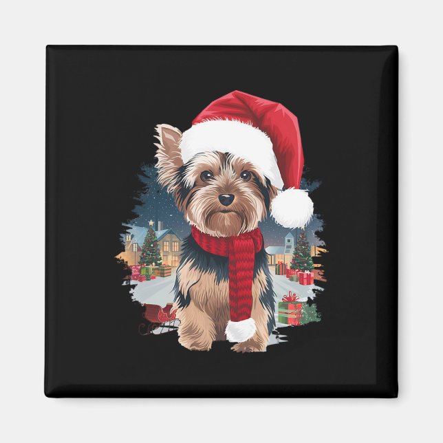 Imán Navidades de perro de Cute Yorkie Santa Hat Scarf  (Frente)
