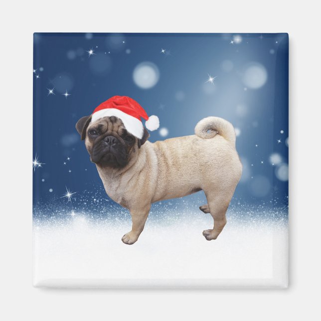 Imán Navidades de perro de pug cutáneo Estrellas de nie (Frente)