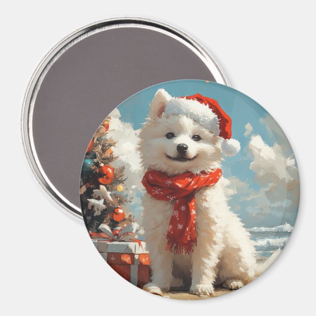 Imán Navidades de perro de Samoyed Vintage Beach (Anverso/Reverso)