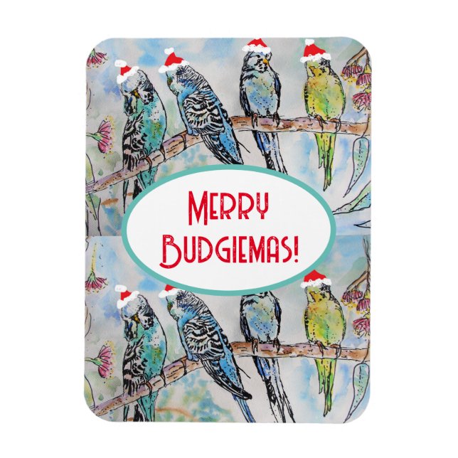 Imán Navidades de Santa Budgie Pájaro de pintura acuáti (Vertical)