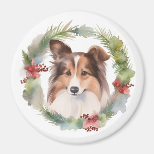 Imán Navidades de Shetland Sheepdog Wreath Festimes Pup