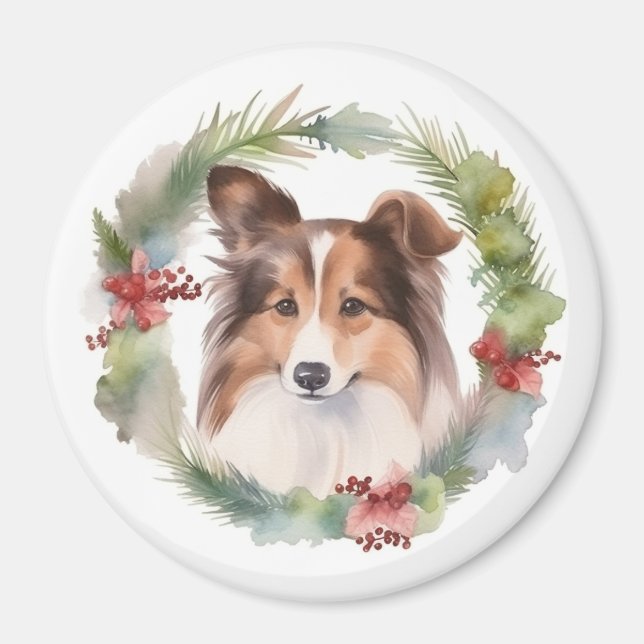 Imán Navidades de Shetland Sheepdog Wreath Festimes Pup (Frente)