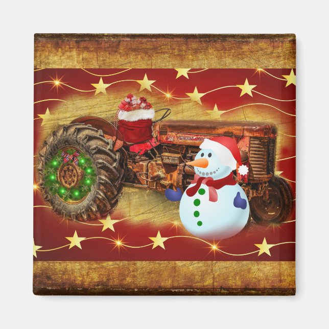 Imán Navidades de Tractores Rojos de Frosty (Frente)