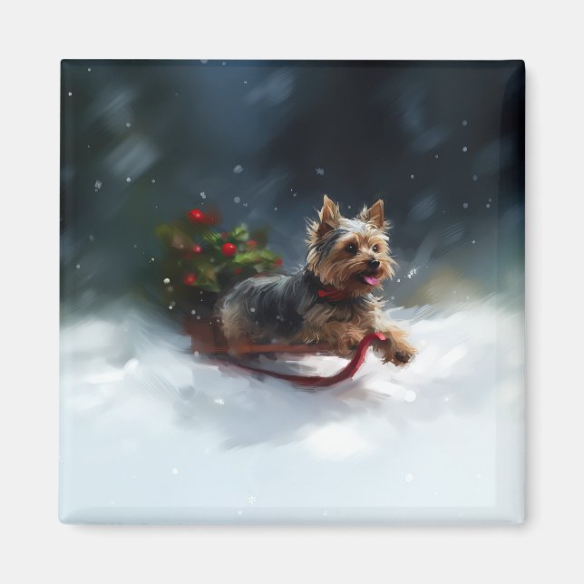 Imán Navidades de Yorkshire Terrier en invierno (Frente)