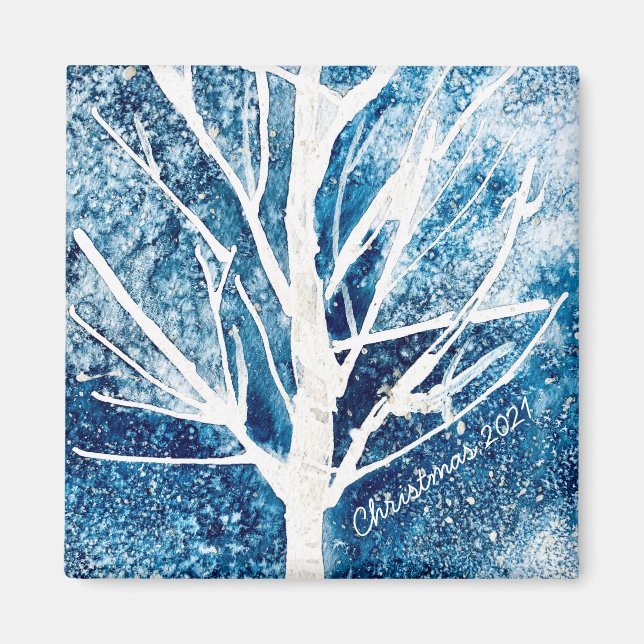Imán Navidades del árbol de abedul blanco de invierno (Frente)