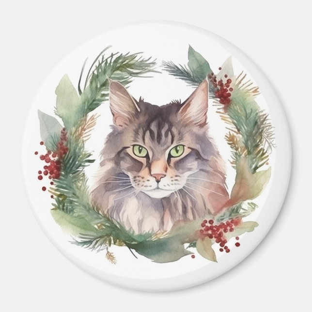 Imán Navidades del gato Maine Coon Wreath Festive Kitte (Frente)