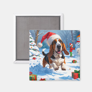 Imán Navidades del Hound Basset Festive Escena de Nieve