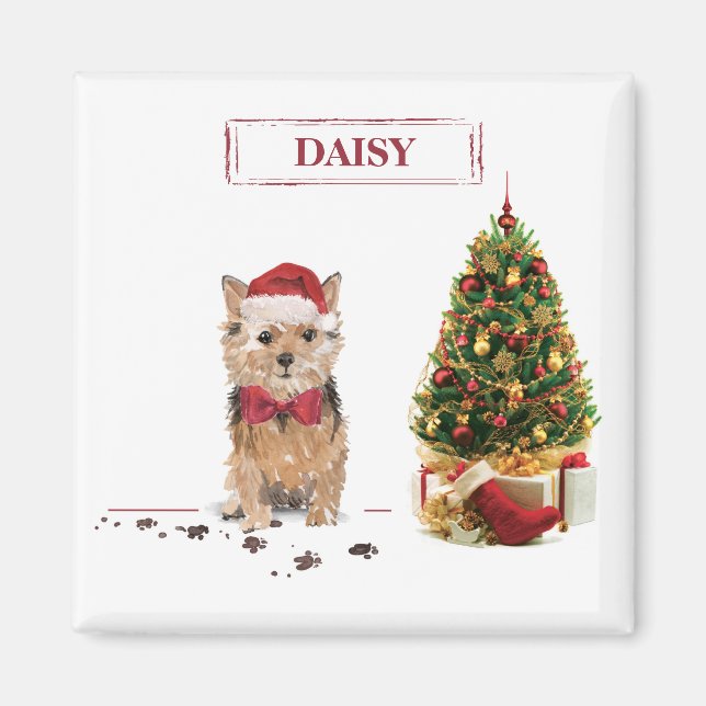 Imán Navidades divertidos de Norfolk Terrier con árbol (Frente)