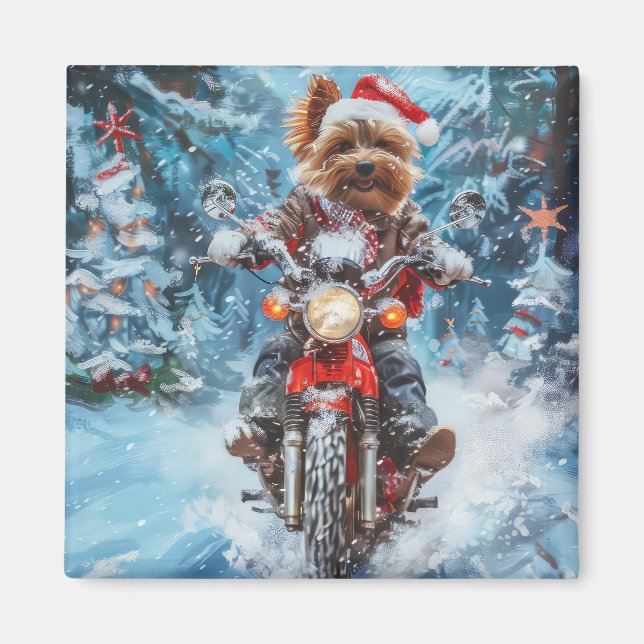 Imán Navidades en motocicleta de Biewer Terrier Dog Rid (Frente)
