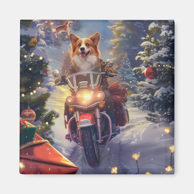 Imán Navidades en motocicleta de Corgi Dog Riding (Frente)