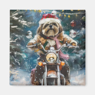 Imán Navidades en motocicleta de lhasa Apso Dog Riding