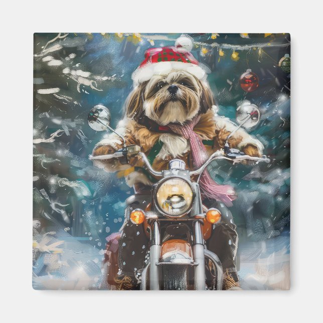 Imán Navidades en motocicleta de lhasa Apso Dog Riding (Frente)