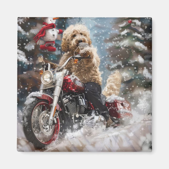 Imán Navidades en motocicleta Goldendoodle Dog Riding (Frente)