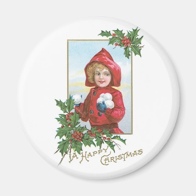Imán Navidades felices Chica con bolas de nieve (Frente)
