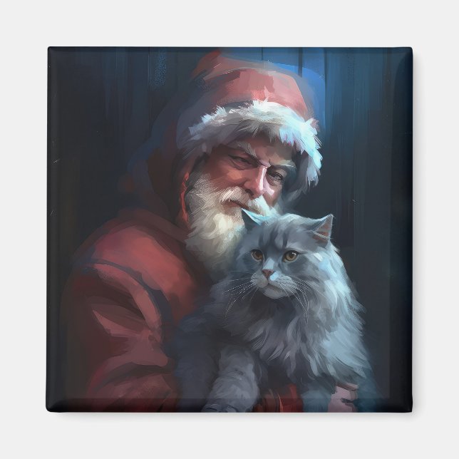 Imán Navidades festivos del gato azul ruso Santa Claus (Frente)