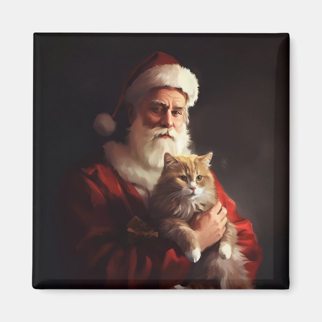 Imán Navidades festivos del gato de Angora Santa Claus (Frente)