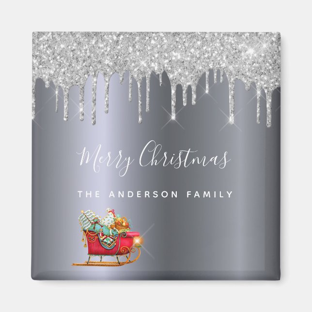 Imán Navidades fiesta purpurina de plata  trineos rojos (Frente)