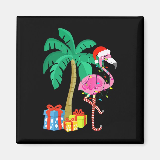 Imán Navidades Flamingo Rosado Palm Tree Tropical Xmas  (Frente)