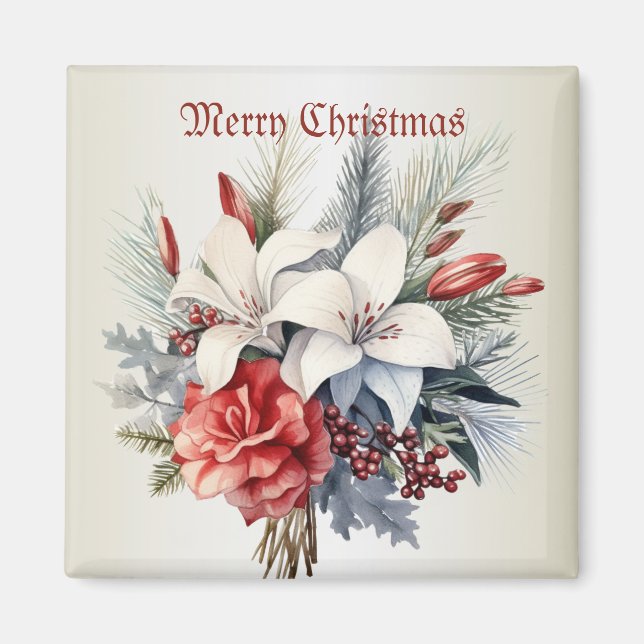 Imán Navidades Flores Rojas Blancas Fiestas Elegantes (Frente)