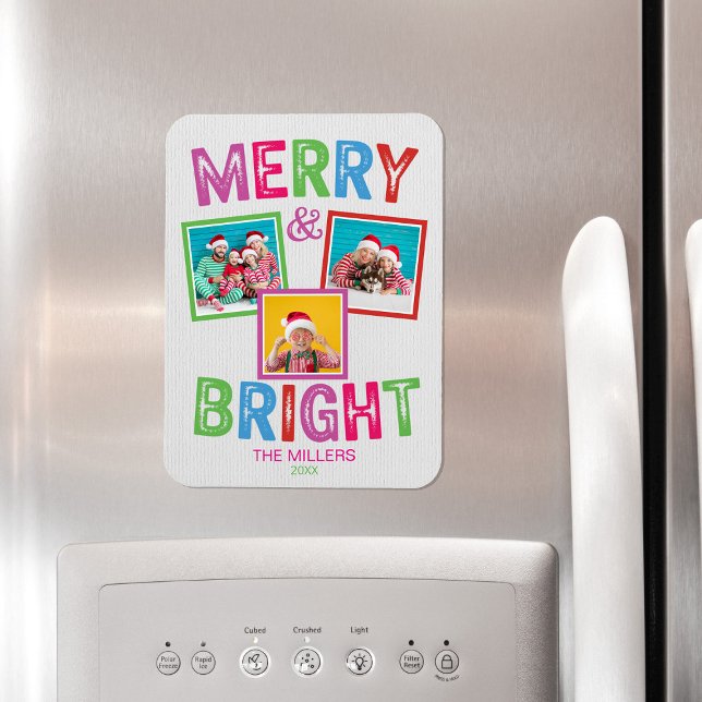 Imán Navidades fotográficos de Merry y Bright (Merry and Bright Colorful Rainbow Christmas Photo Magnet)