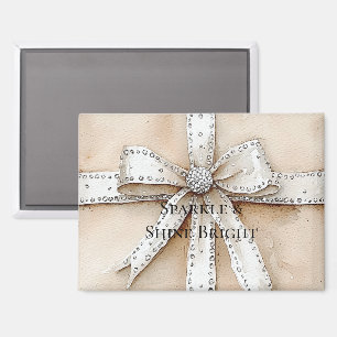 Imán Navidades Glitzy Glam Bow de plata blanca crema