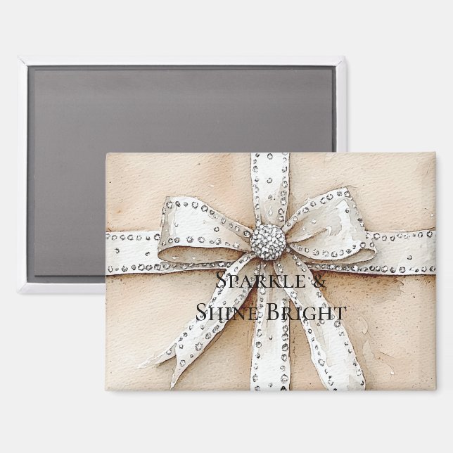 Imán Navidades Glitzy Glam Bow de plata blanca crema (Anverso/Reverso)