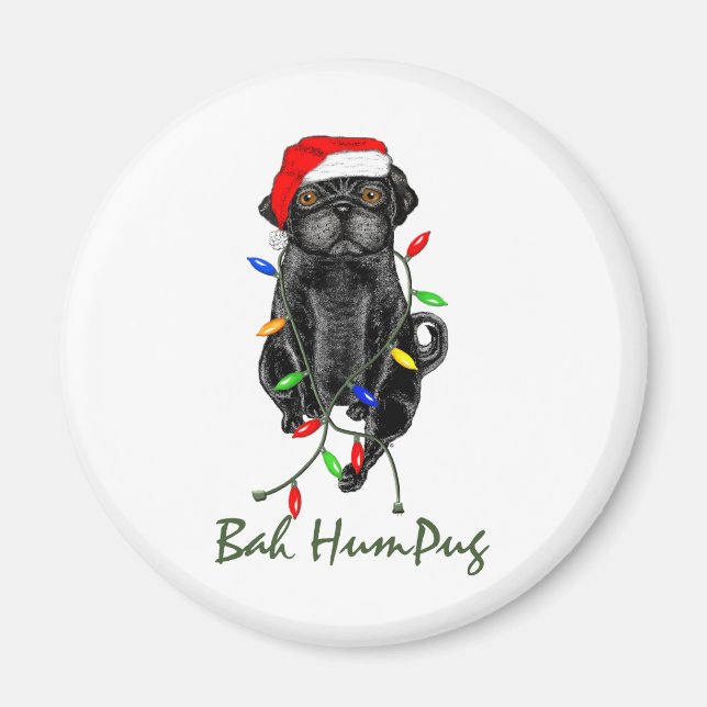 Imán Navidades graciosos de Black Pug Dog Bah Humpug (Frente)