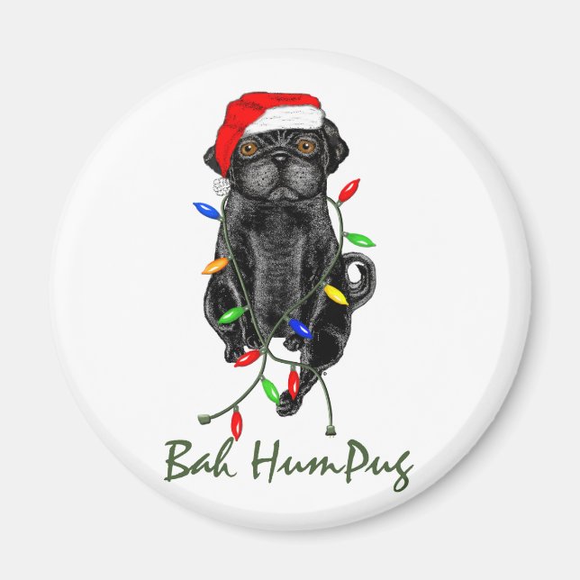 Imán Navidades graciosos de Black Pug Dog Bah Humpug (Frente)