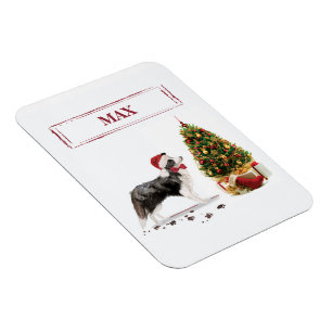 Imán Navidades graciosos de Border Collie con árbol