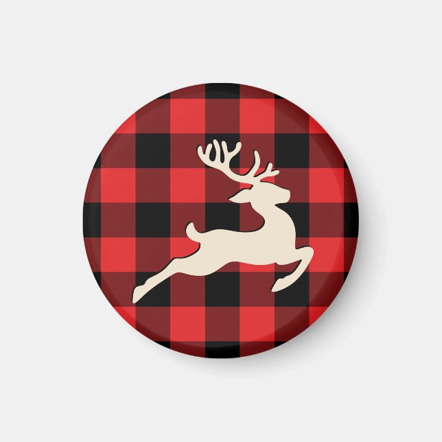 Imán Navidades Holiday Deer Antlers Red Black Gingham (Frente)
