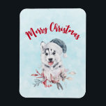Imán Navidades Husky Dog en Santa Hat<br><div class="desc">Magnet con una pintada de una hermosa y caprichosa acuarela de un perro husky con un sombrero de Santa azul.</div>