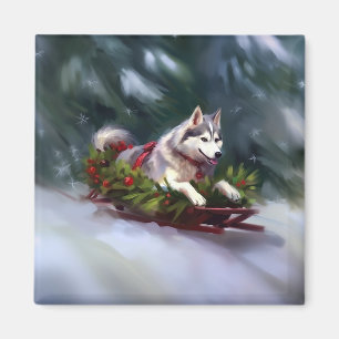 Imán Navidades Husky siberianos nevan el invierno