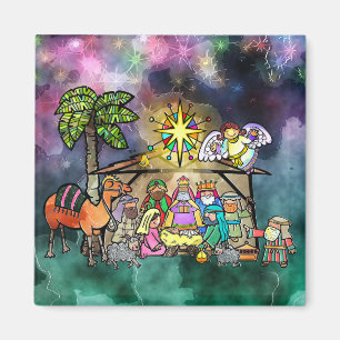 Imán Navidades Natividad Watercolor Doodle Scene