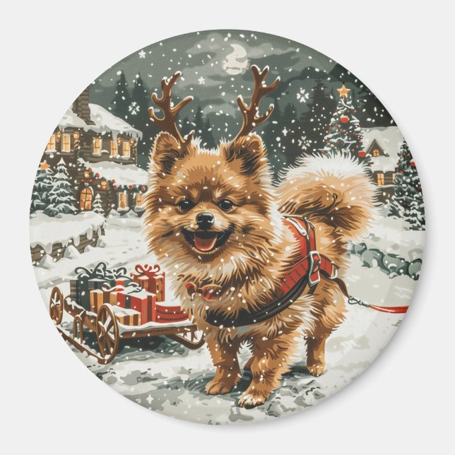 Imán Navidades Perro reno Pomerania (Frente)
