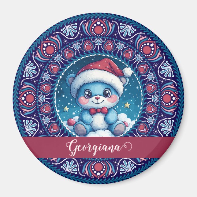 Imán Navidades personalizados Kawaii Bear Dot Mandala (Frente)