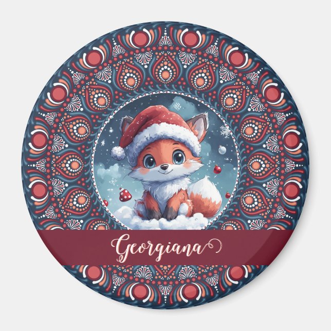 Imán Navidades personalizados Kawaii Fox Dot Mandala (Frente)