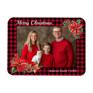 Imán Navidades Poinsettia Buffalo Plaid Family Photo