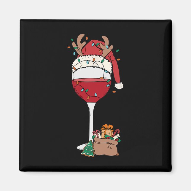Imán Navidades Red Wine Glass Santa Hat Reindeer Fun Xm (Frente)