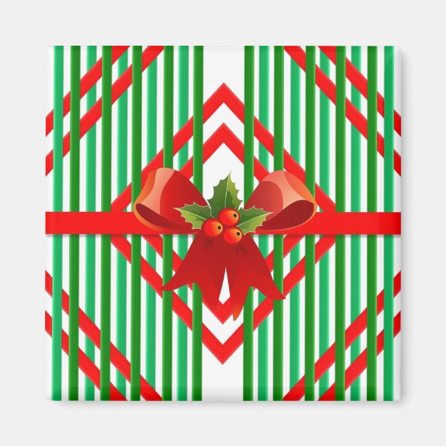 Imán Navidades Red y Green Stried Bow Gift Magnet (Frente)