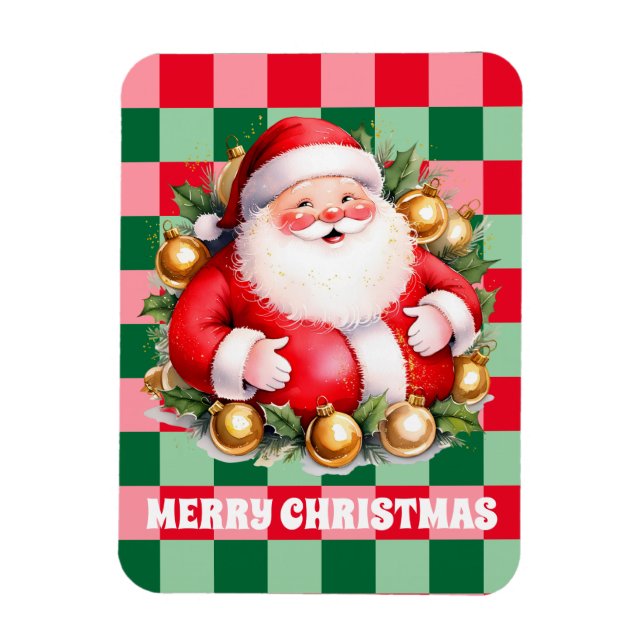 Imán Navidades Retro Santa Claus Tartan Plaid (Vertical)