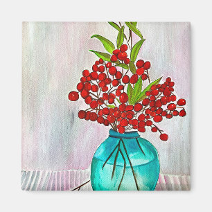 Imán Navidades rojos Berries acuarela arte fino