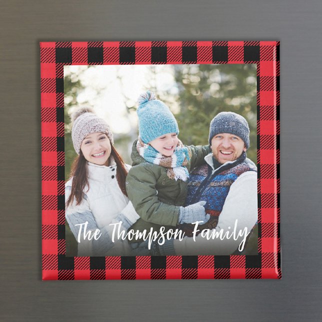 Imán Navidades rojos Foto Personalizado de verificación (Simple buffalo check photo calligraphy script magnet.)