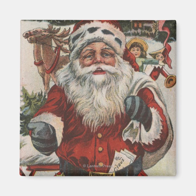Imán Navidades saludando a Santa con ciervos y niños (Frente)