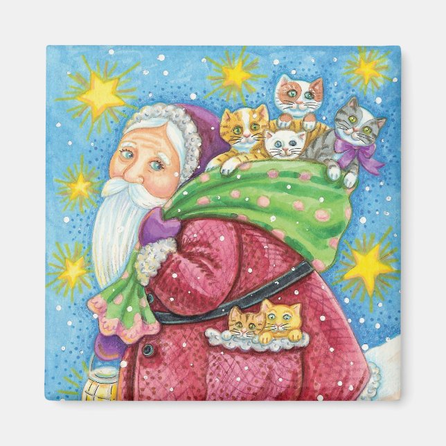 Imán ¡Navidades, Santa Claus con gatitos y gatos! (Frente)