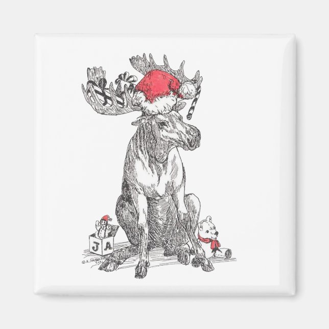 Imán Navidades Santa Moose sentados con regalos diseñad (Frente)