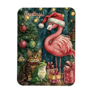 Imán Navidades tropicales de gato y rana Flamingo rosa