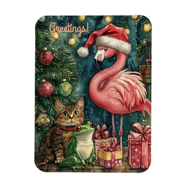 Imán Navidades tropicales de gato y rana Flamingo rosa (Vertical)