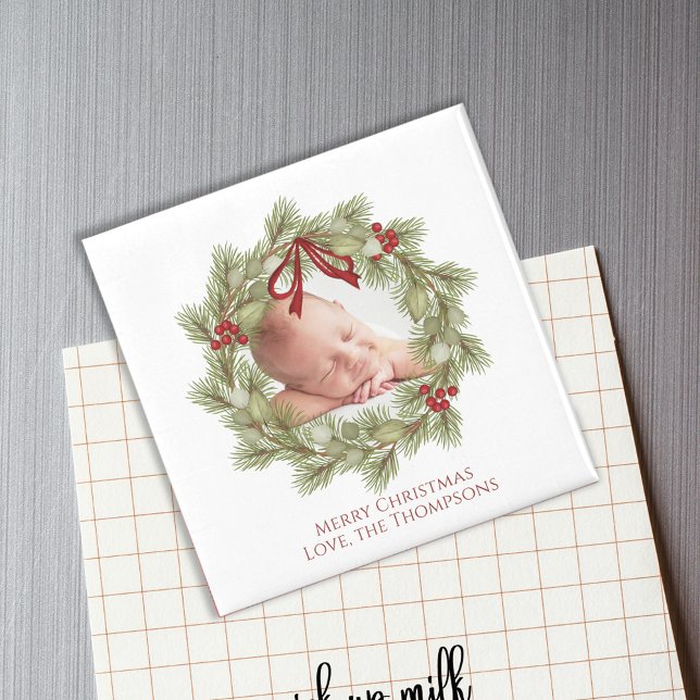 Imán Navidades Watercolor Greenery Wreath Foliage (Elegant Christmas holiday greenery, foliage red holly berries photo magnet.)