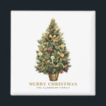 Imán Navidades Watercolor Vintage Christmas Tree Gold<br><div class="desc">Feliz Navidad | Envíe sus saludos de Navidad a la familia y amigos con este imán de Navidades de personalizable. Cuenta con un acuarela árbol de Navidad con adornos festivos de color rojo y oro. Personalice agregando sus propios detalles. Este imán vintage de Navidad está disponible en otros productos. Los...</div>