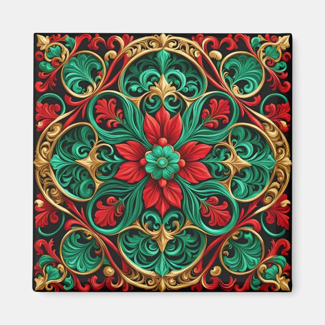 Imán navideño de Navidades verdes rojos decorativo (Frente)